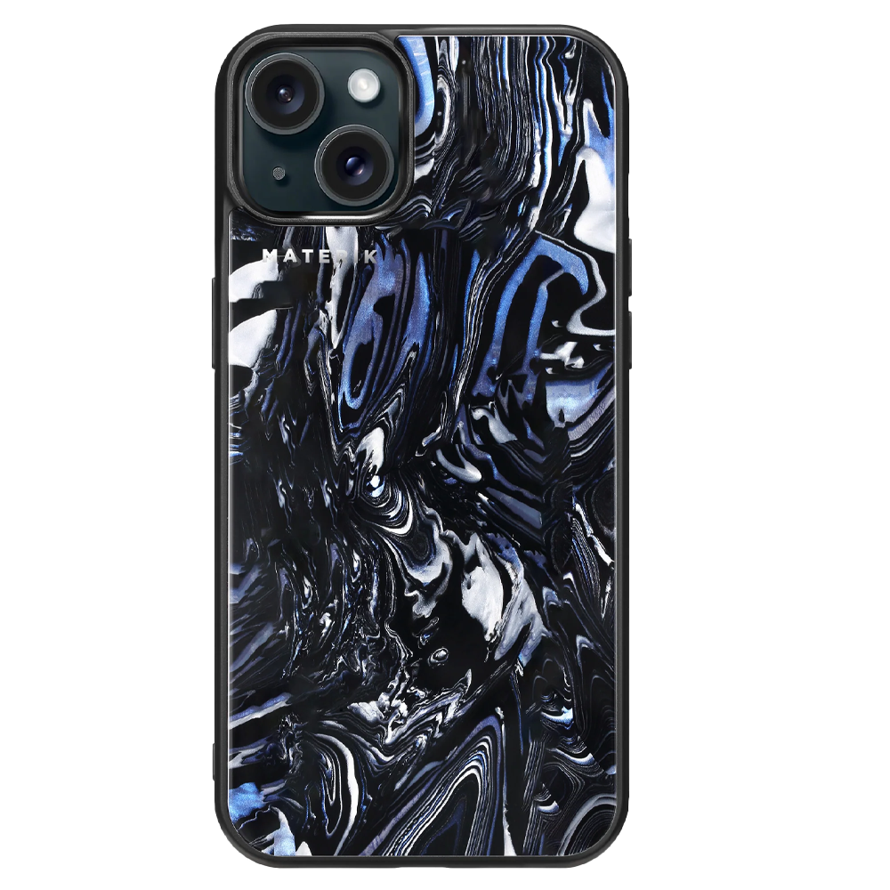 Materik PureCase for iPhone 15 in Black Pearl, handmade Italian pattern with 9H glass finish