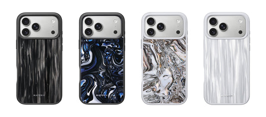 Four Materik iPhone cases in different Mdecor patterns, black striated, blue marble, silver and white, showing no two are alike