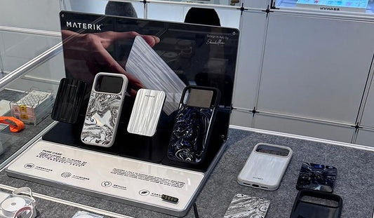 Materik PureCase display at DrivePro, Sanlitun, Beijing, showing iPhone Cases with signature Italian surface patterns