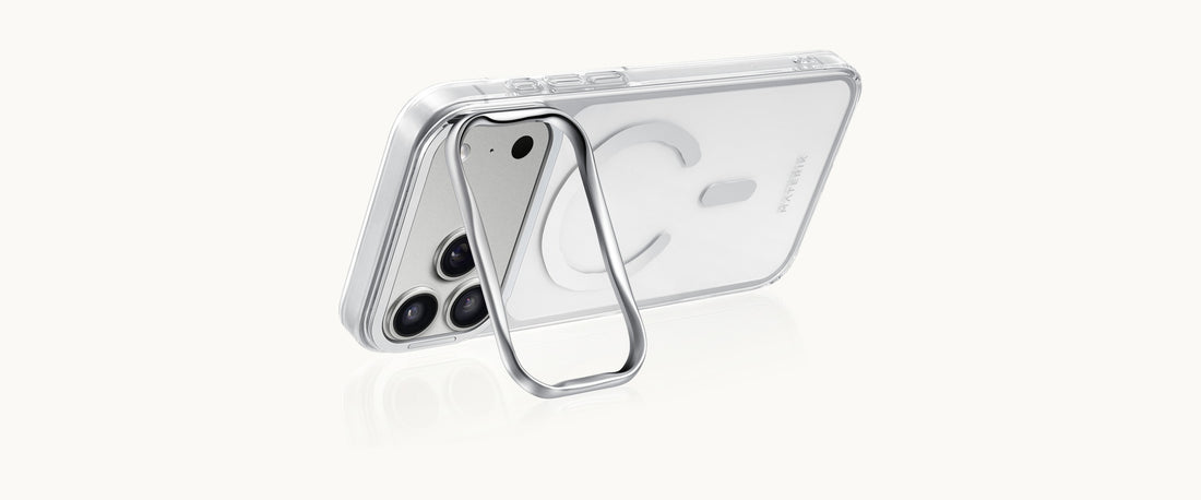 Materik CrystalCase for iPhone 18 Pro Max in Acqua, standing on its chrome kickstand