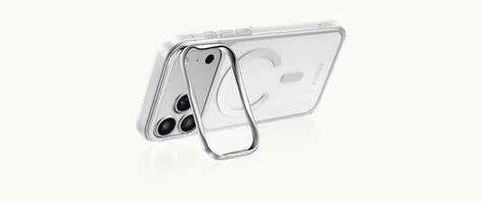 Materik CrystalCase for iPhone 18 Pro Max in Acqua, standing on its chrome kickstand