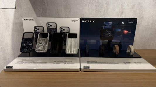 Materik PureCase and Ripple Apple Watch band displays side by side in a Pezcrown store in Kaohsiung, Taiwan