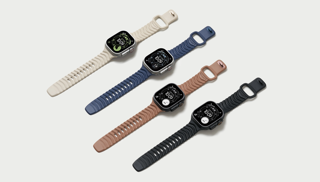 Materik Ripple Apple Watch band in four colorways, cream, blue, brown and black, on Apple Watch Ultra in FKM rubber