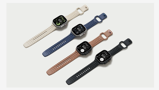 Materik Ripple Apple Watch band in four colorways, cream, blue, brown and black, on Apple Watch Ultra in FKM rubber