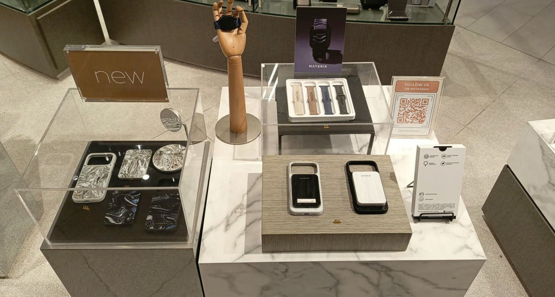 Materik display at Seibu Department Store in Kuala Lumpur, showing iPhone cases and Apple Watch straps
