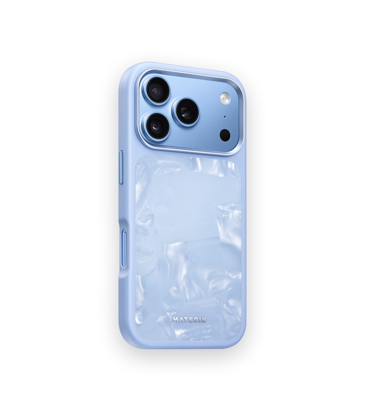 Materik PureCase Blu Reef for iPhone 18 Pro, angled view