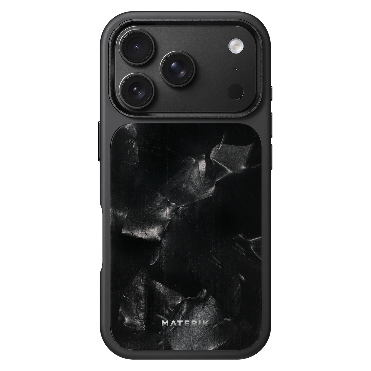 Materik PureCase for iPhone 18 Pro in Black Reef, back view showing the raised aluminium alloy camera frame