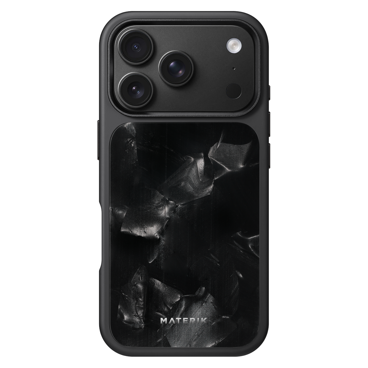 Materik PureCase for iPhone 18 Pro in Black Reef, back view showing the raised aluminium alloy camera frame